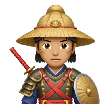 Samurai with straw hat, Warrior in armor holding wide hat sticker