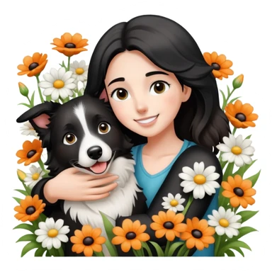 A girl happily hugs a black and white border collie in the flowers sticker