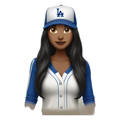 Woman, long black hair, fair skin, brown eyes, LA Dodgers hat, birthday party sticker
