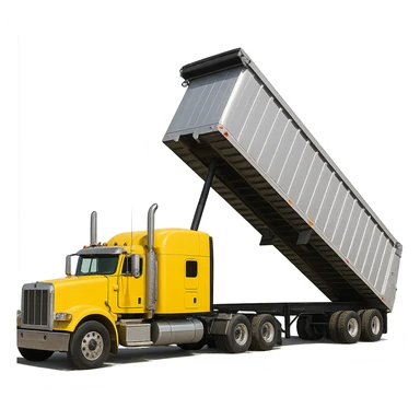 long silver end dump trailer hooked to a yellow semi sleeper truck, trailer in dump position, photorealistic style, crisp details sticker