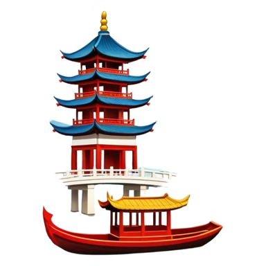 Hangzhou West Lake with traditional boat and bridge, simplified emoji style with bold outlines and bright colors, cartoon style pagoda by lake sticker