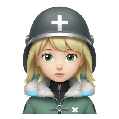 a cute anime girl with short blonde hair and soft bangs, large light blue eyes, and a gentle, calm expression. She is wearing a dark gray helmet with a small cross symbol on the front and a green coat with a fluffy white fur collar. Minimalistic, soft, and innocent character design. sticker