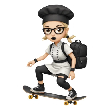 ["An angry woman with light skin, ponytail, wearing a chef hat and square glasses, dressed in goth fashion, is skateboarding while holding a backpack."] sticker