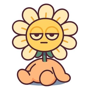 creamy white daisy flower with sleepy half-lidded eyes, sitting down with a blank stare, extremely soft round pastel character, vibrant-toon style sticker