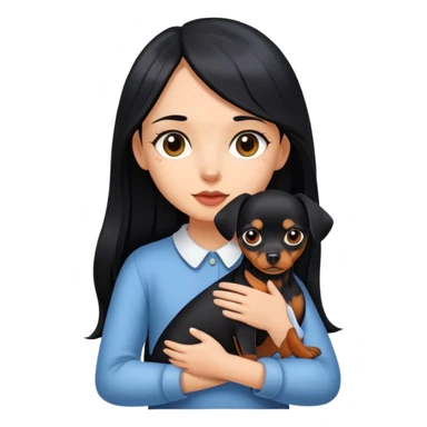 A girl with long black hair holding a Pinscher dog sticker