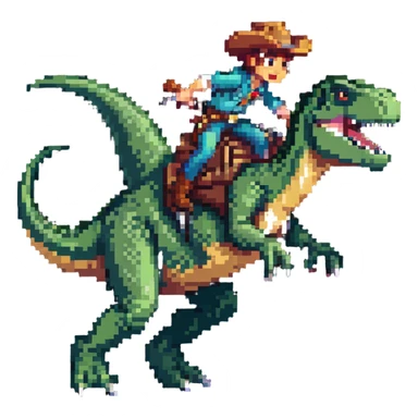 cowboy sliding down the back of a t-rex, dynamic action pose sticker
