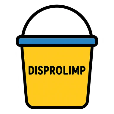 simple and clear bucket with the word DISPROLIMP, color icon with black outline sticker
