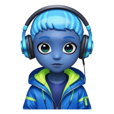 Kunka is a chibi alien with human features. His dark-blue skin shimmers with neon highlights, and his large black eyes radiate curiosity. He wears oversized neon headphones and a dark-blue windbreaker with cyberpunk stripes and a vibrant lining, exuding cool charm. sticker