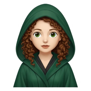 A white woman with long dark auburn hair robed and hooded like she's a Traitor in the tv show The Traitors. her hair is curly and the robe is a dark dark green sticker