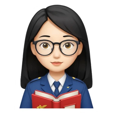 A student, asian girl, long black hair, wearing glasses, uniform, hold book in front of their chest sticker