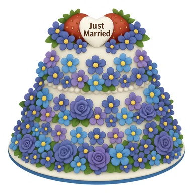 Replace the pink and white flowers with blue and purple flowers on the white wedding cake with strawberries and 'Just Married' topper. The style should resemble emoji style with no background. sticker