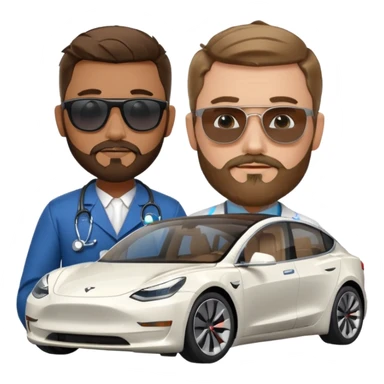 White tesla model 3 with a cool physician with dark blond hair, beard and dark sunglasses next to it sticker