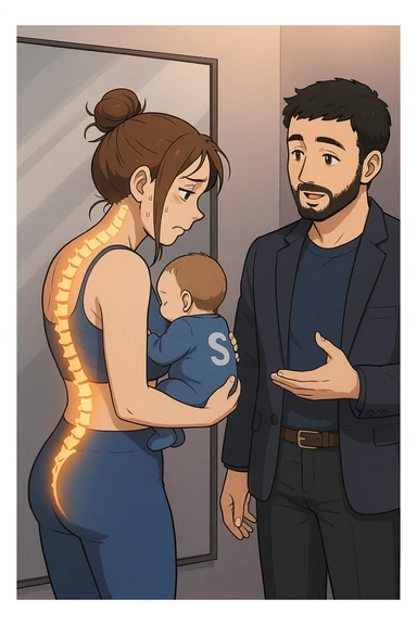 ispirati a questo stile di disegno e fai questa immagine in versione manga/webtoon a colori, il manga mostra la donna che si guarda alla specchio preoccupata di profilo con la postura sbagliata e incurvata, spalle chiuse e curve in avanti, con un neonato in braccio con una tutina azzurra e la scritta "S" sulla schiena, spina dorsale storta della donna in evidenza mentre al suo fianco anche l'uomo guarda la donna riflessa nello specchio e le spiega una cosa, ma non fare i fumetti, fai come se stessero parlando sticker