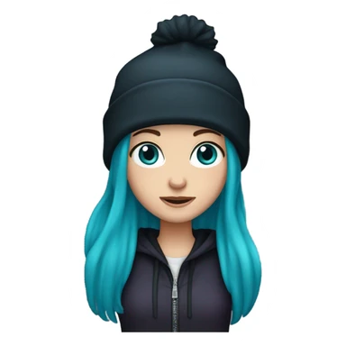 White girl, blue eyes, long teal hair, purple beanie hat, black hoodie, blue jeans, black shoes sticker