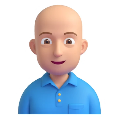 Jeff Bezos in 3D emoji style, wearing a blue shirt, bald, friendly face sticker