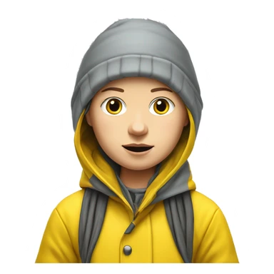 Greta Thunberg with a yellow raincoat and grey beenie, with demonstration sign sticker