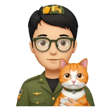 Veterinario hombre trigueño con lentes, con cabello negro, y con uniforme veterinario color verde militar cargando un gato naranja sticker