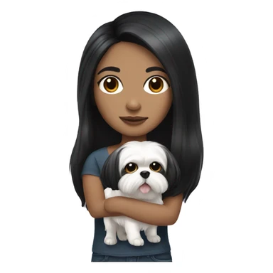 Colombian girl with long black hair, holding a white shih Tzu with black ears sticker