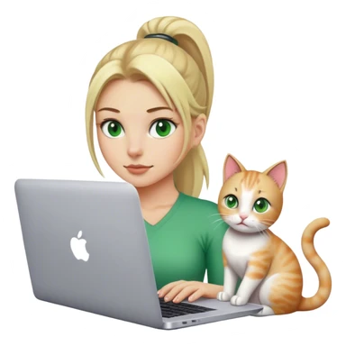 Blonde woman ponytail green eyes with cat and MacBook sticker