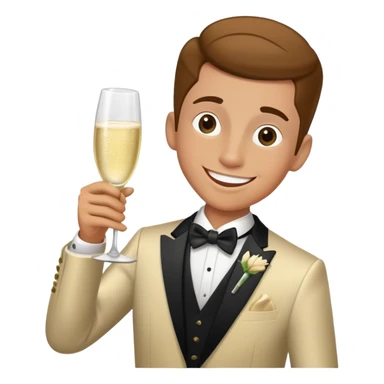 Wedding crasher character in fancy clothes trying to blend in at a wedding reception, holding champagne glass, goofy smile sticker