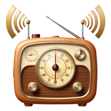 A photorealistic icon featuring an old-fashioned radio with a vintage dial, radio waves emanating from it, and a warm, glowing light. The design includes detailed textures, soft lighting, and nostalgic elements, symbolizing the love for radio broadcasting and music. Transparent background. sticker
