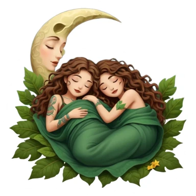 two forest alchemist women — one with long wavy brown hair and tattoos, one with short tight curly brown hair — sleeping back to back under leaf blanket crescent moon above sticker