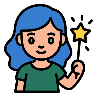 beautiful girl with blue hair and green eyes, holding a magic wand, wearing a dark green dress, color icon style sticker