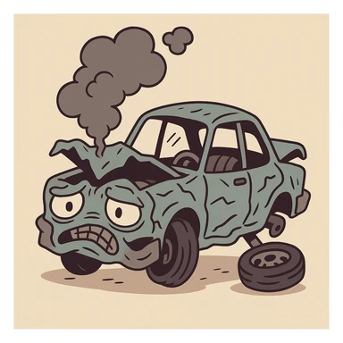 a cartoon-style badly damaged car, exaggerated dents, wheels falling off, smoke, comical look sticker