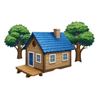 showing a flood disaster scene with powerful blue water waves carrying floating tree branches and wood pieces, small houses partially submerged, dark storm clouds above, heavy rain, realistic yet simple and clean emoji-style design sticker
