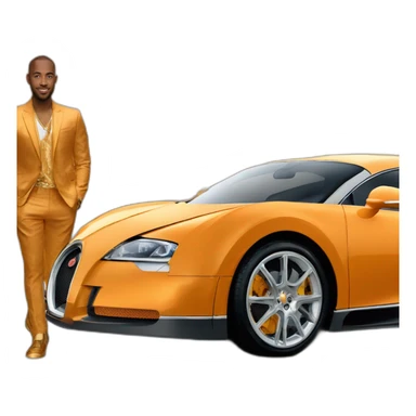 Andrew tate standing in front of a Orange-gold Bugatti  sticker