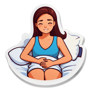 Young woman in bed with tummy pain sticker