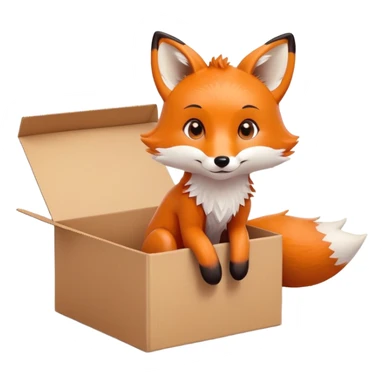 Cute fox sitting in a cardboard box with playful expression, kids toy aesthetic sticker