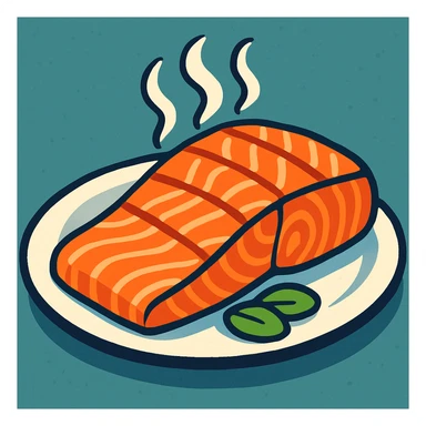 vibrant, appetizing cartoon style salmon fillet on a plate with steam rising sticker