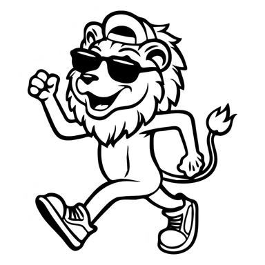 cheerful anthropomorphic lion walking confidently, flexing one arm in a fist-pump, wearing oversized sunglasses, backwards baseball cap, and sneakers, thick black outlines, no color or shading, retro mascot vintage rubber hose cartoon style, highly graphic sticker