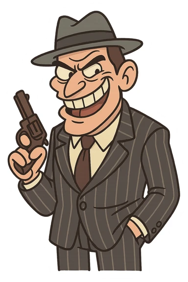 gangster, cartoonish, exaggerated features, pinstripe suit, fedora, mischievous grin sticker