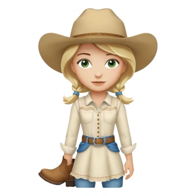 cowgirl bionda con occhi verdi/azzurri con un vestito bianco stivali e cappello beige sticker