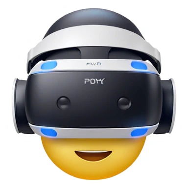 Clash of Clans aesthetic: Cinematic Playful PlayStation VR Headset Portrait Emoji, rendered in a 3D vector-style similar to standard emojis with minimal shading and bold, simplified shapes. A compact, distinct form with signature details, softly glowing with a cutting-edge console technology charm. Simplified yet unmistakably iconic, highly detailed and consistent, glowing with a soft radiance and high shine. Stylized with a touch of technological advancement and a soft glowing outline, capturing the essence of a beloved gaming relic with a friendly, playful manner! sticker