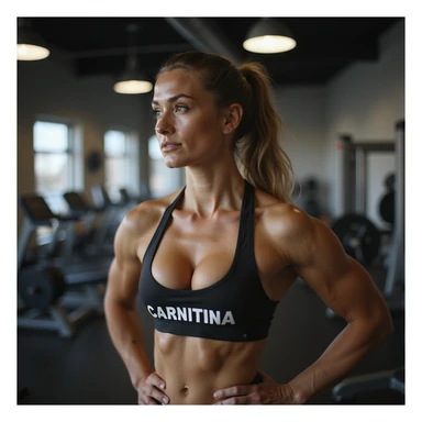 female bodybuilder in gym, hyperrealism 4k, large and clearly visible "CARNITINA" text on chest sticker
