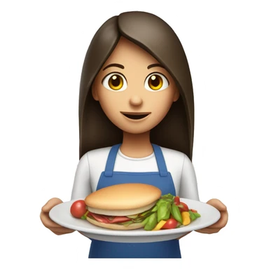 Brunette long straight hair girl holding food plate in a cook hat sticker