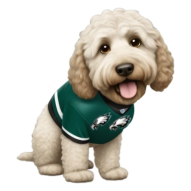 Labradoodle wearing a Philadelphia eagles jersey sticker