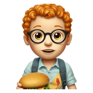 ginger white toddler with freckles and glasses with a burger eating it with a full mouth sticker