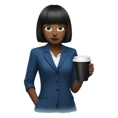 A girl with a black square and short bangs in a blue suit serves a paper black cup of coffee sticker