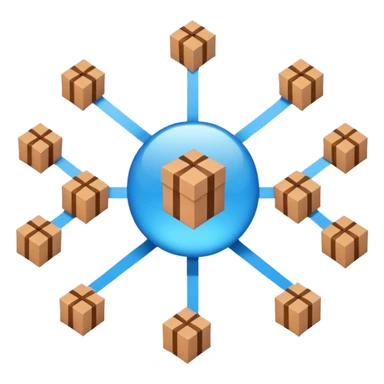 blue network in a circle form with brown packages at intersection points sticker