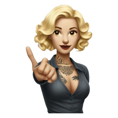 Blonde elegant women, her Body Covered with Tattoos, POINTING to YOU FORWARD with her ONE HAND , Hyper realistic sticker