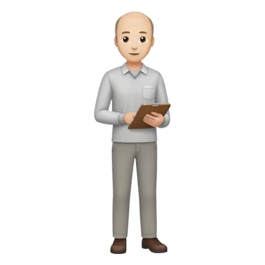 man mid 30's shirt and trousers balding hairline standing holding a clipboard sticker
