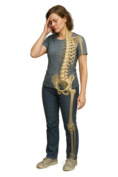 donna stanca a figura intera che si tiene una mano sulla tempia con spina dorsale anatomica visibile, iperrealistico 4k sticker