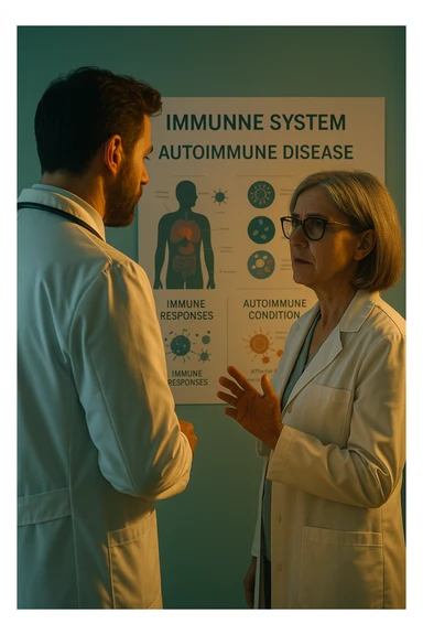 Realistic, detailed photo taken from behind of one doctor e un paziente —a bearded man and a middle-aged woman—standing and facing each other as they discuss an autoimmune disease diagnosis in front of a medical chart that displays information about the immune system and autoimmune conditions. The scene is illuminated by a yellowish, orange, warm light that softly envelops the doctors. The entire room is bathed in a single green-blue color, creating a cohesive and modern atmosphere. Both doctors wear white coats, and their body language suggests a serious, professional conversation about the complexities of autoimmune diseases. Shot with a Canon EOS R5, with high detail and natural depth of field. scritto in italiano sticker