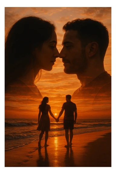 Una doppia esposizione cinematografica di noi di profilo, con un paesaggio di spiaggia al tramonto integrato nella silhouette.
La scena interna ci mostra entrambi camminare sulla sabbia bagnata, tenendoci per mano, con le onde del mare che si infrangono è facile e un cielo colorato dagli ultimi raggi di sole. Atmosfera calda e intima, toni dorati arancioni, dettagli fini ed espressivi, risoluzione 8K. sticker