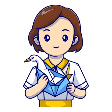 Happy Ukrainian young girl with brown hair in a white embroidered shirt holds an origami yellow and blue crane sticker