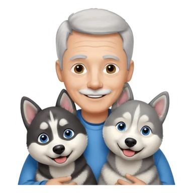 A smiling 60 year old man with blue eyes and short light gray hair and no facial hair, holding a single black and white husky dog with floppy ears and white tuft eyebrows  sticker